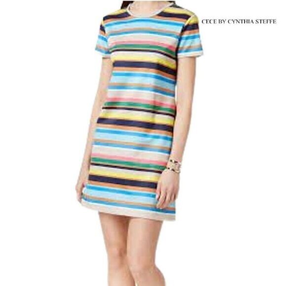 CeCe by Cynthia Steffe Women's Casual Crew Neck Short‎ Sleeve Stripe Shift - Picture 1 of 8